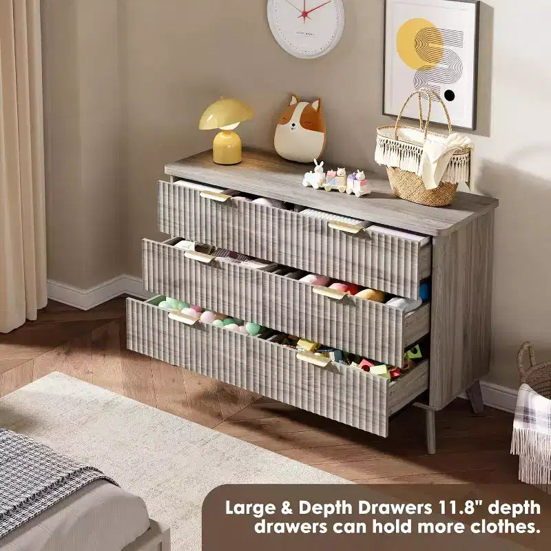 Commode à 6 tiroirs cannelée, commode en bois moderne au design incurvé pour chambre à coucher