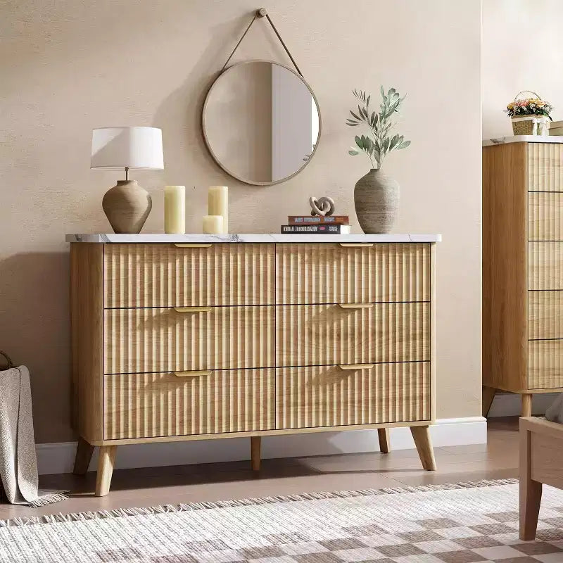 Commode à 6 tiroirs cannelée, commode en bois moderne au design incurvé pour chambre à coucher