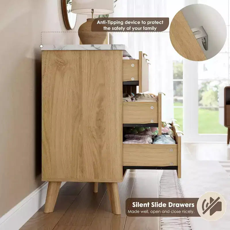 Commode à 6 tiroirs cannelée, commode en bois moderne au design incurvé pour chambre à coucher