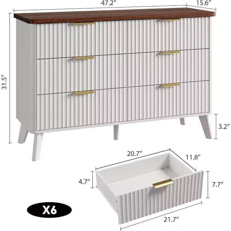 Commode à 6 tiroirs cannelée, commode en bois moderne au design incurvé pour chambre à coucher