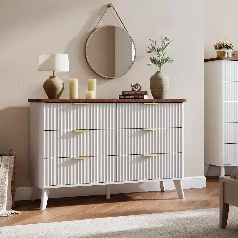 Commode à 6 tiroirs cannelée, commode en bois moderne au design incurvé pour chambre à coucher