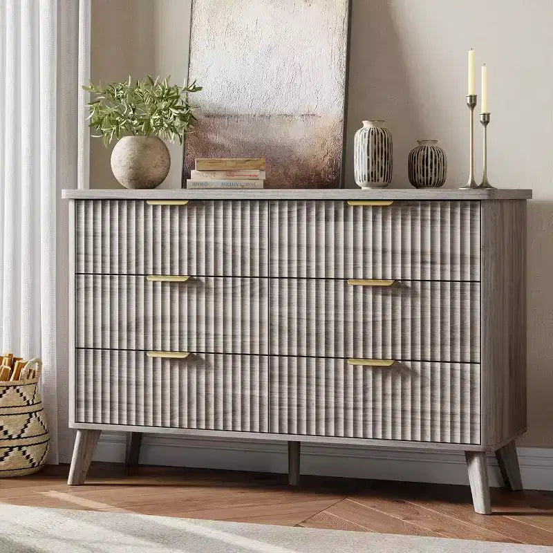 Commode à 6 tiroirs cannelée, commode en bois moderne au design incurvé pour chambre à coucher