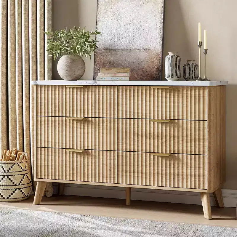 Commode à 6 tiroirs cannelée, commode en bois moderne au design incurvé pour chambre à coucher