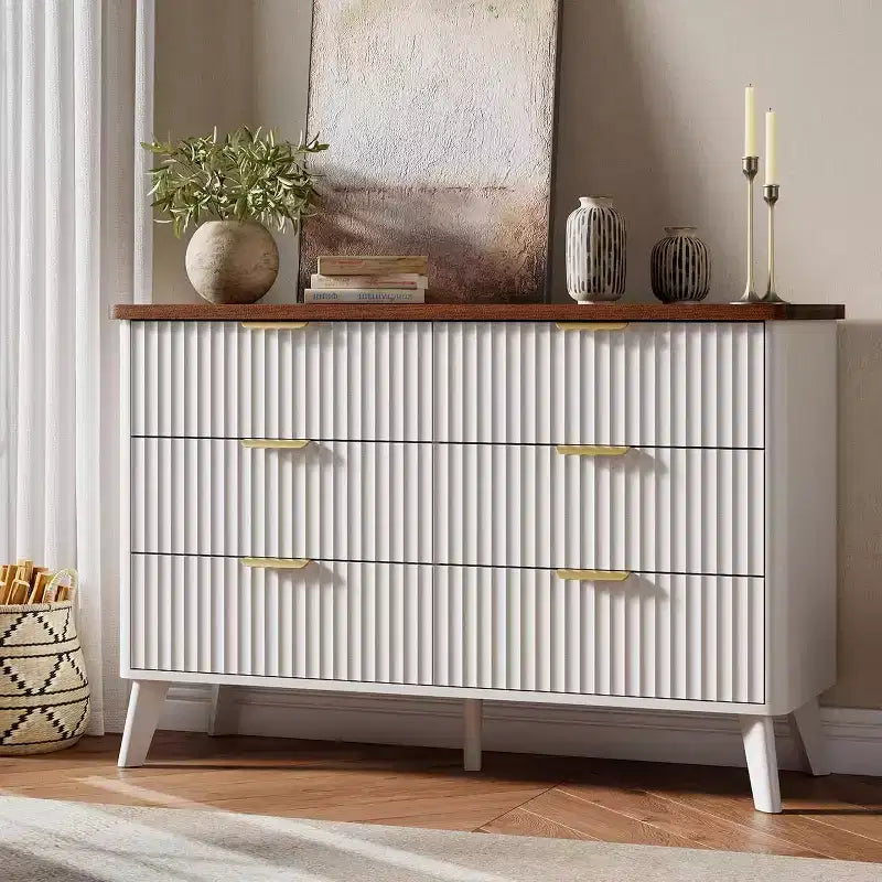 Commode à 6 tiroirs cannelée, commode en bois moderne au design incurvé pour chambre à coucher