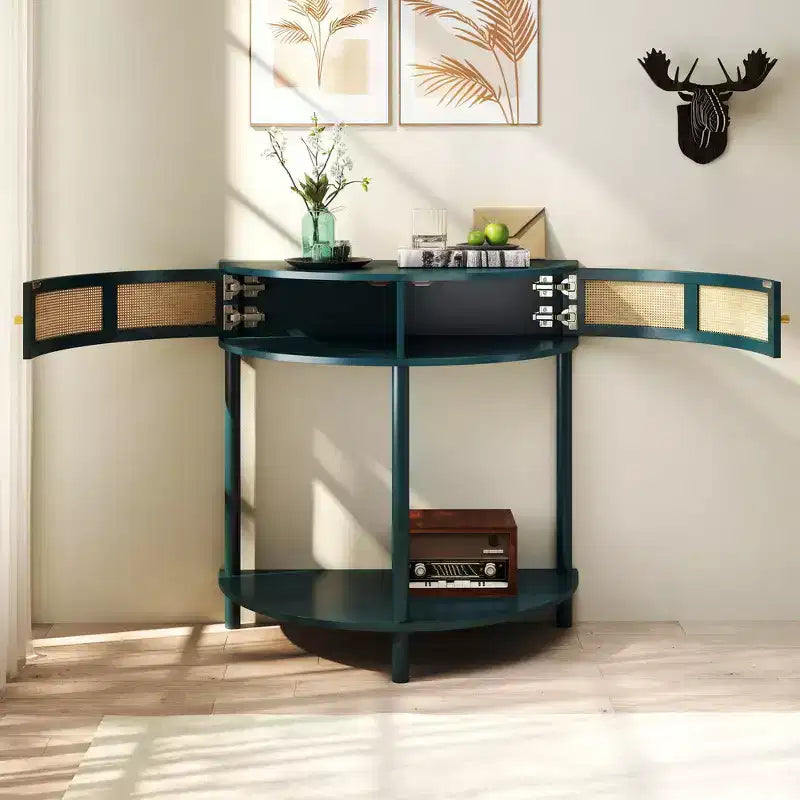 Table d'appoint élégante semi-circulaire avec 2 armoires en rotin et étagère inférieure pour salon, chambre et couloir