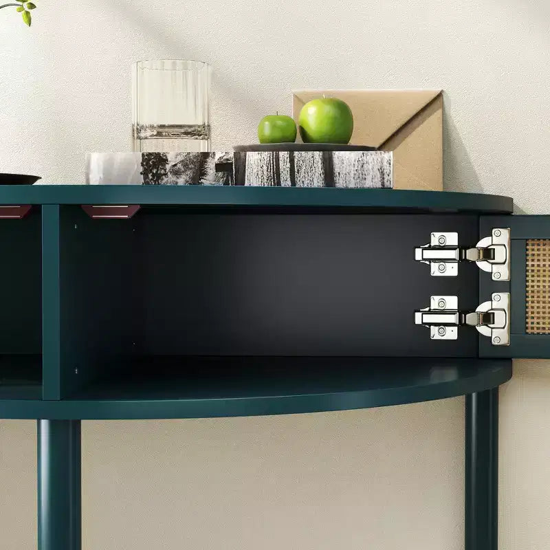 Table d'appoint élégante semi-circulaire avec 2 armoires en rotin et étagère inférieure pour salon, chambre et couloir