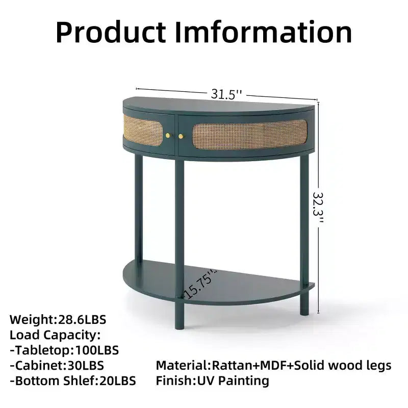 Table d'appoint élégante semi-circulaire avec 2 armoires en rotin et étagère inférieure pour salon, chambre et couloir
