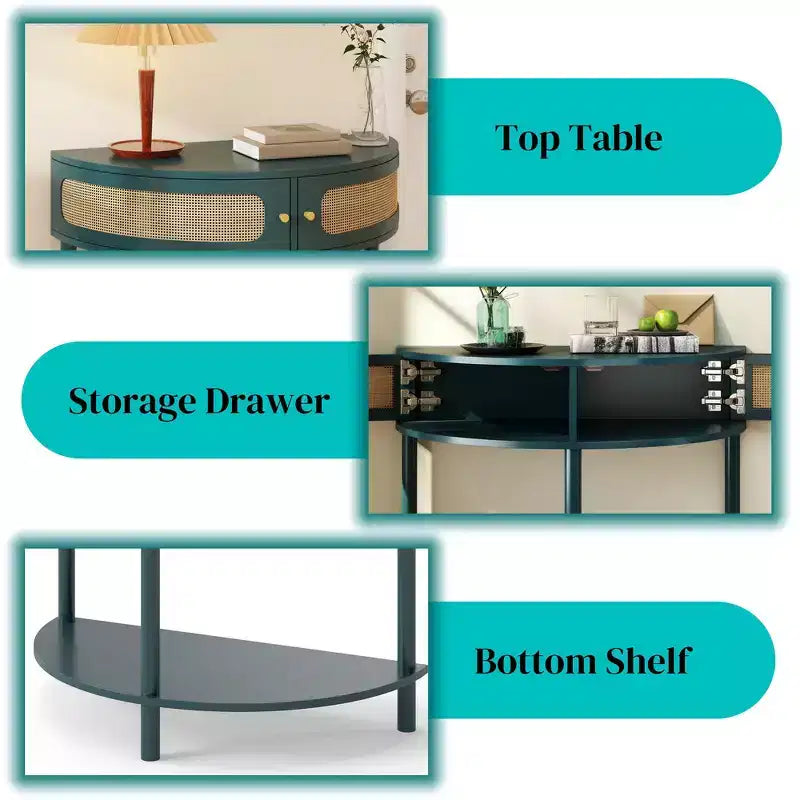 Table d'appoint élégante semi-circulaire avec 2 armoires en rotin et étagère inférieure pour salon, chambre et couloir