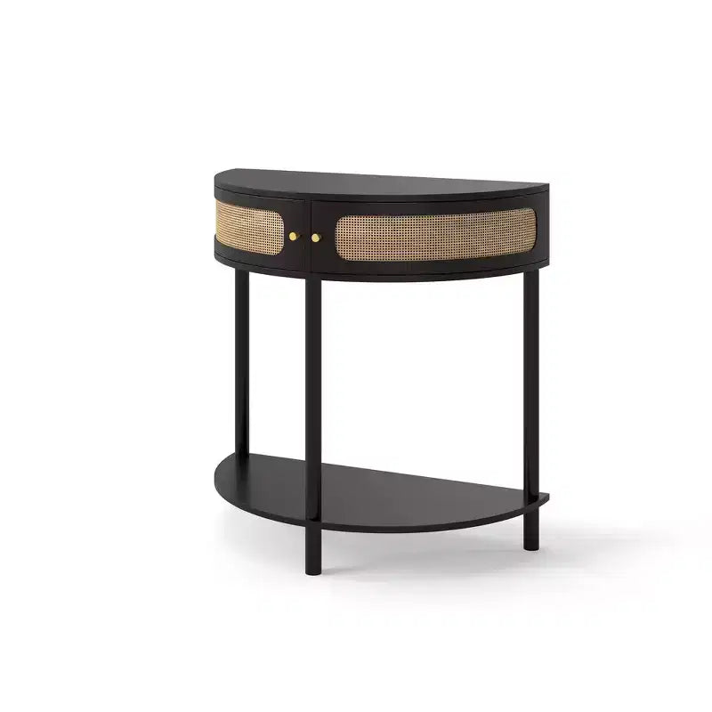 Table d'appoint élégante semi-circulaire avec 2 armoires en rotin et étagère inférieure pour salon, chambre et couloir