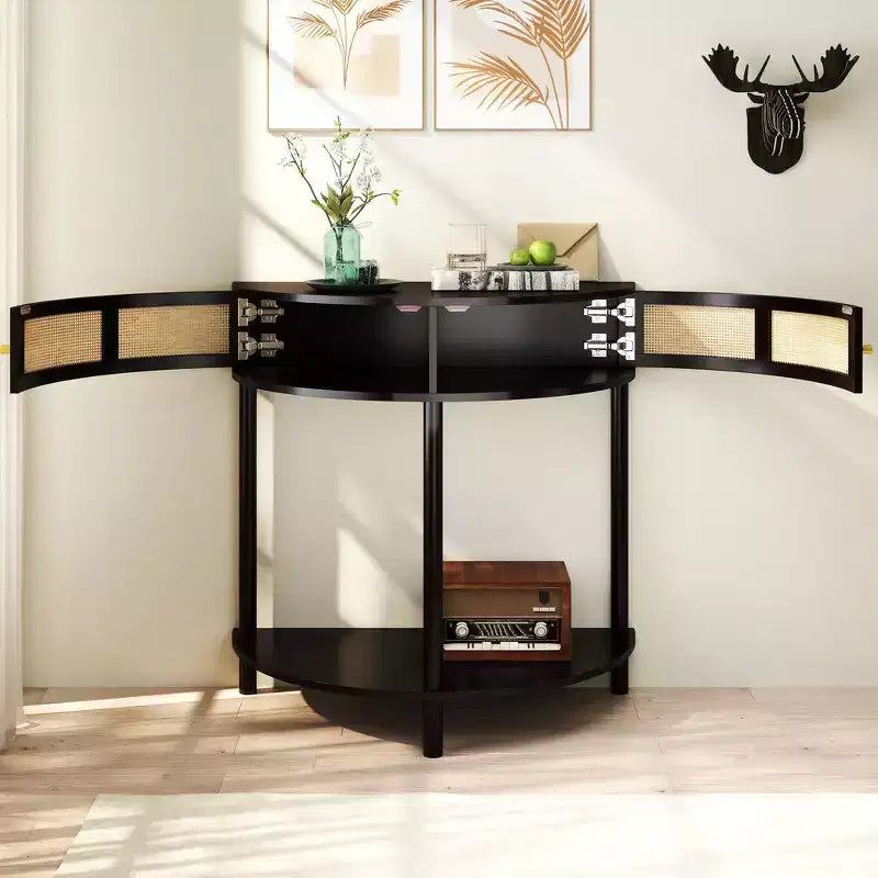 Table d'appoint élégante semi-circulaire avec 2 armoires en rotin et étagère inférieure pour salon, chambre et couloir