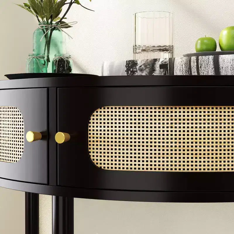 Table d'appoint élégante semi-circulaire avec 2 armoires en rotin et étagère inférieure pour salon, chambre et couloir