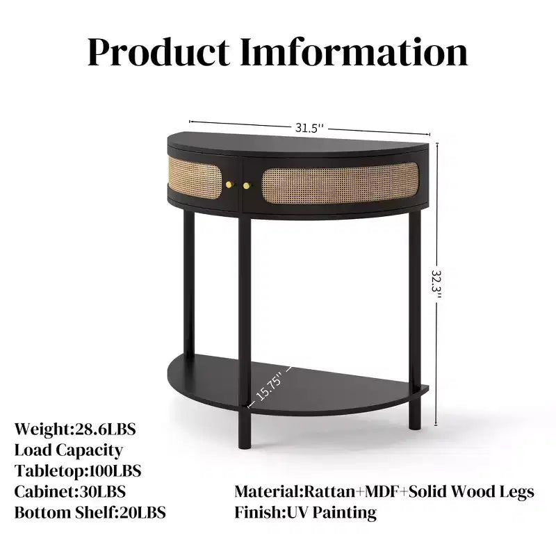 Table d'appoint élégante semi-circulaire avec 2 armoires en rotin et étagère inférieure pour salon, chambre et couloir