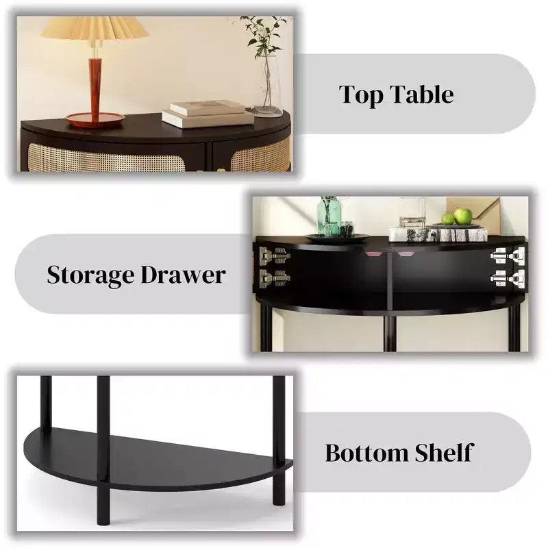 Table d'appoint élégante semi-circulaire avec 2 armoires en rotin et étagère inférieure pour salon, chambre et couloir