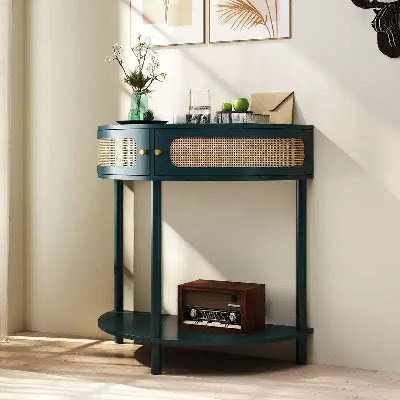 Table d'appoint élégante semi-circulaire avec 2 armoires en rotin et étagère inférieure pour salon, chambre et couloir