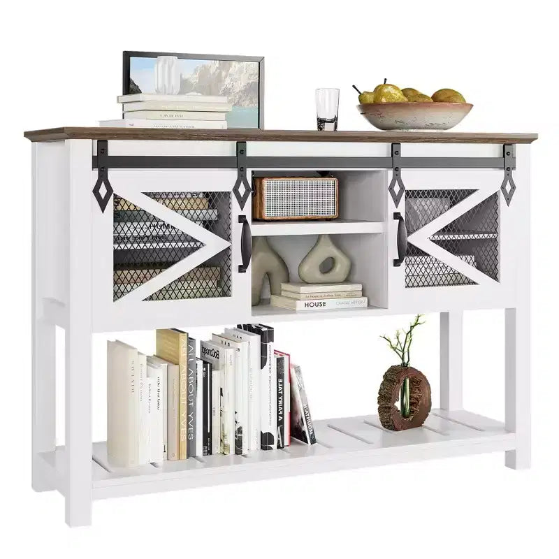Console d'entrée avec portes coulissantes de grange, Table console de ferme avec rangement, Table de canapé rustique étroite derrière le canapé, pour entrée, couloir, foyer