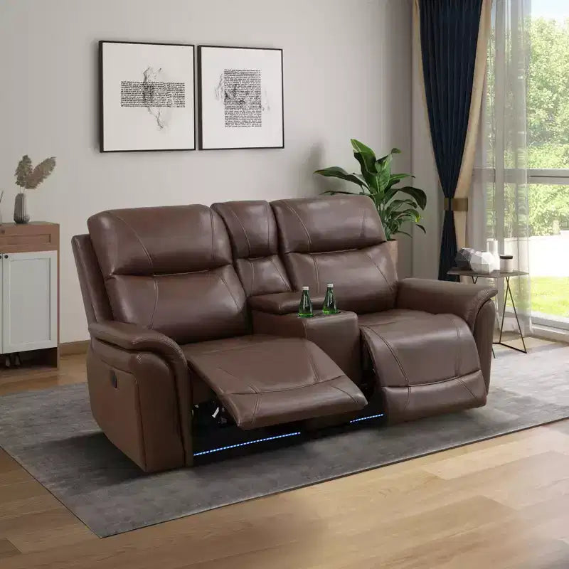 Causeuse inclinable électrique, fauteuil inclinable en cuir à 2 places avec chargement USB, rangement et porte-gobelets, marron rougeâtre