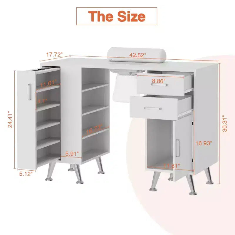 Table de manucure avec repose-poignet et aspirateur de poussière, bureau à ongles avec casier vertical coulissant, blanc