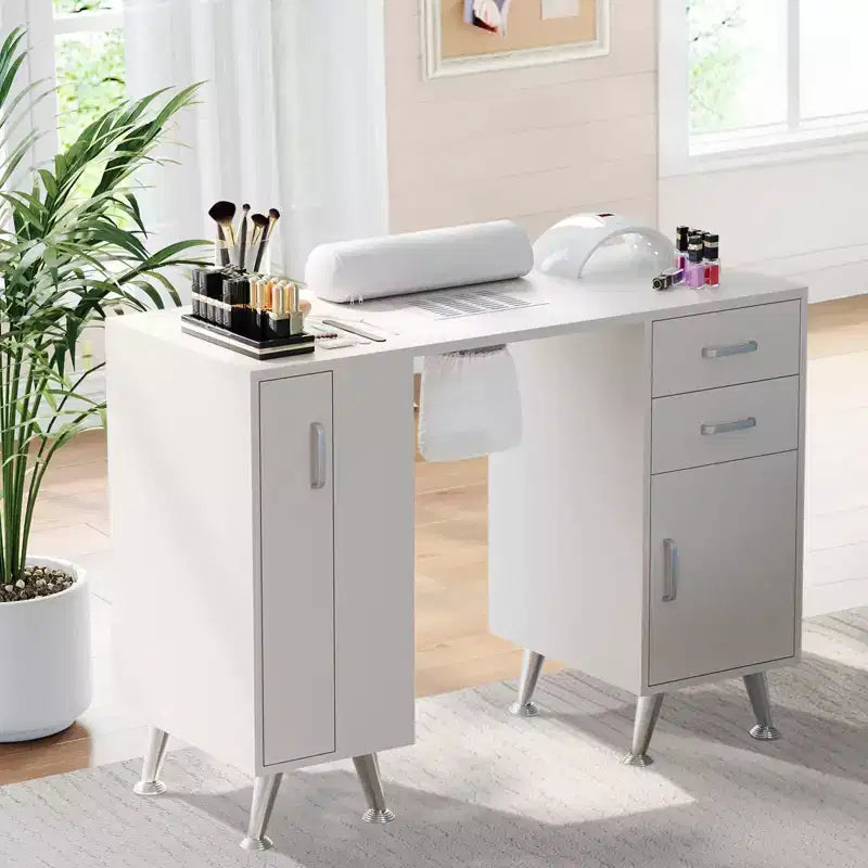 Table de manucure avec repose-poignet et aspirateur de poussière, bureau à ongles avec casier vertical coulissant, blanc
