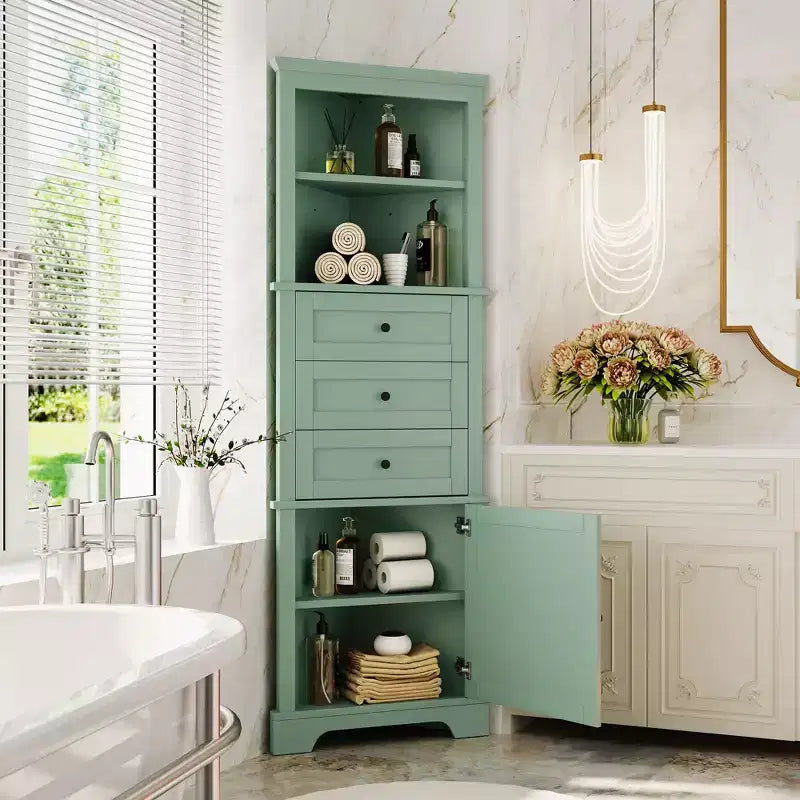 Armoire haute triangulaire noire avec 3 tiroirs et étagères réglables pour salle de bain, cuisine ou salon