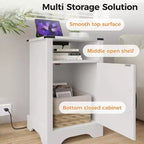Table de chevet de ferme haute avec station de recharge, table d'appoint blanche avec rangement, grande table de chevet rustique en bois pour chambre et bureau à domicile