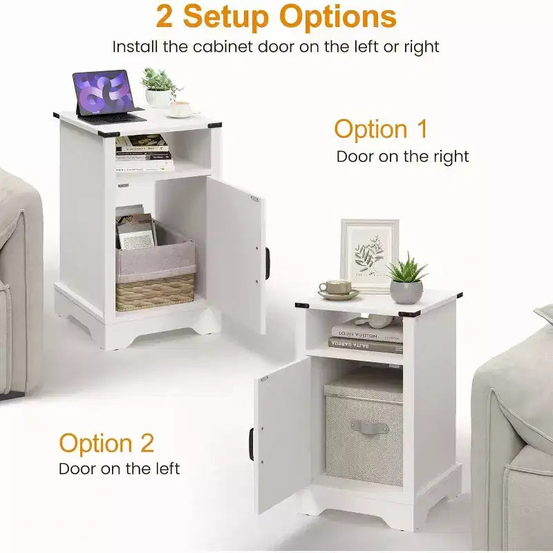 Table de chevet de ferme haute avec station de recharge, table d'appoint blanche avec rangement, grande table de chevet rustique en bois pour chambre et bureau à domicile
