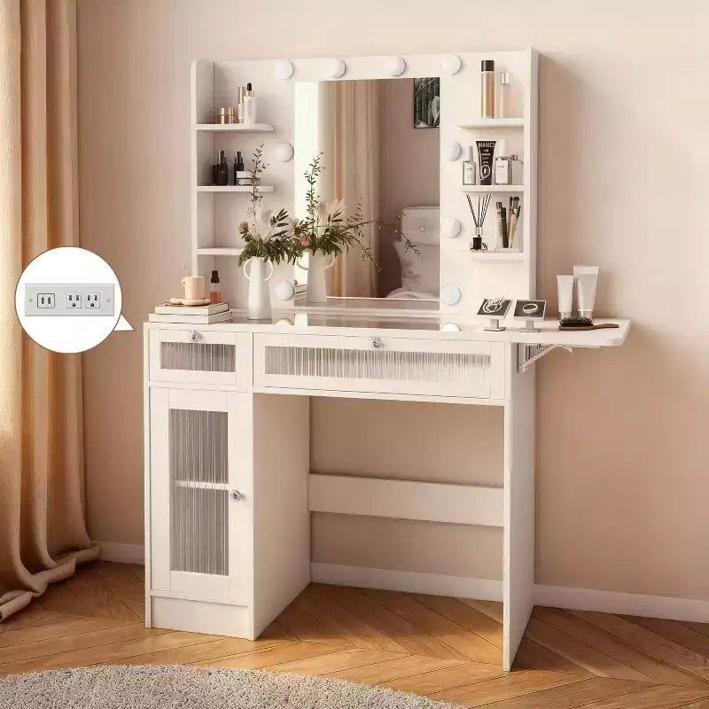 Coiffeuse blanche avec miroir, lampe de bureau, port de chargement USB, placards et tiroirs