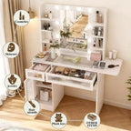 Coiffeuse blanche avec miroir, lampe de bureau, port de chargement USB, placards et tiroirs