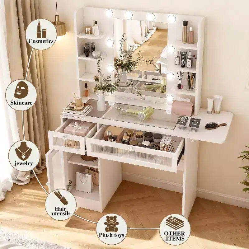 Coiffeuse blanche avec miroir, lampe de bureau, port de chargement USB, placards et tiroirs