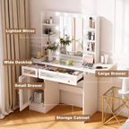 Coiffeuse blanche avec miroir, lampe de bureau, port de chargement USB, placards et tiroirs