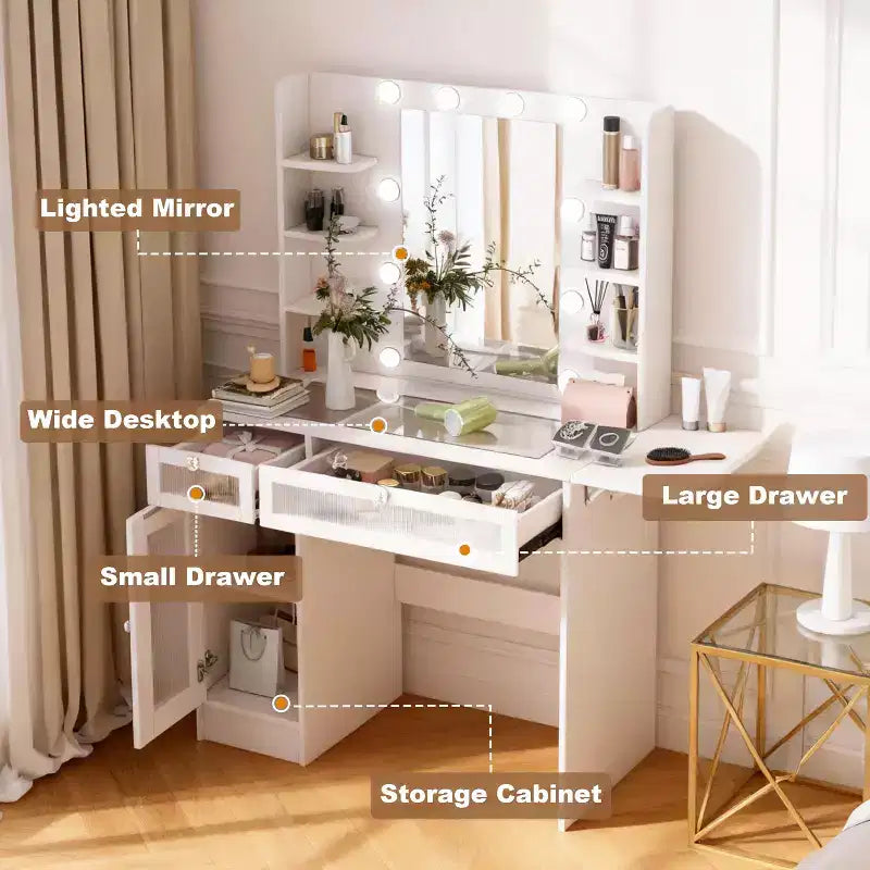 Coiffeuse blanche avec miroir, lampe de bureau, port de chargement USB, placards et tiroirs