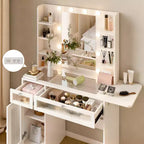 Coiffeuse blanche avec miroir, lampe de bureau, port de chargement USB, placards et tiroirs