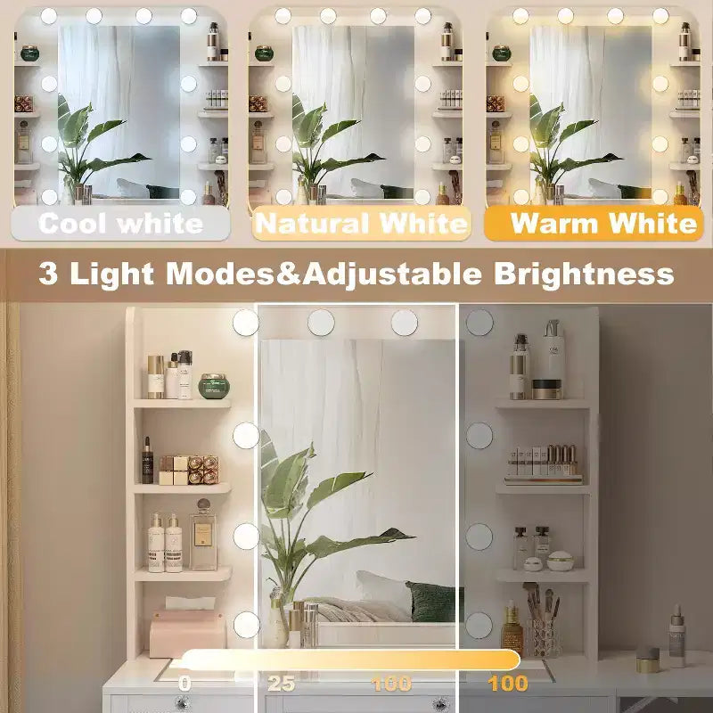 Coiffeuse blanche avec miroir, lampe de bureau, port de chargement USB, placards et tiroirs