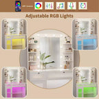 Coiffeuse blanche avec miroir, lampe de bureau, port de chargement USB, placards et tiroirs