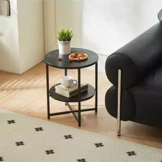 Petite Table d'appoint Ronde de Ferme avec Pieds Croisés, Table de Chevet avec Étagère Inférieure pour Salon et Chambre, Noir
