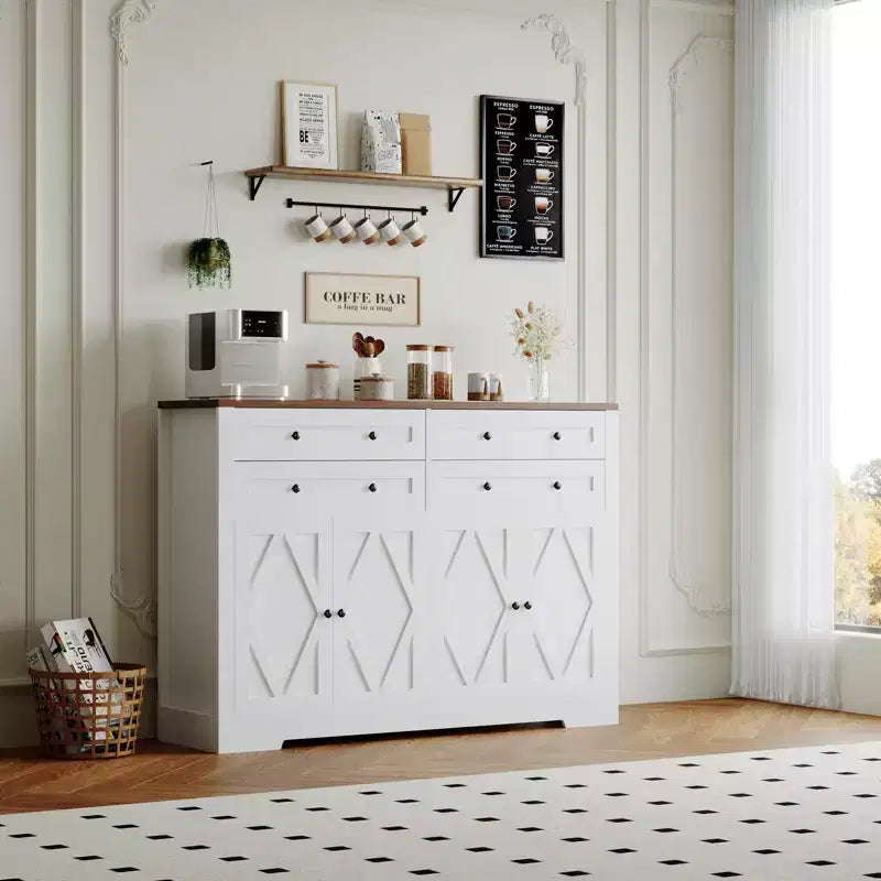 Grand buffet de salle à manger avec rangement, 4 tiroirs et 4 portes, meuble de rangement de cuisine avec étagère réglable, bar à café en bois pour couloir