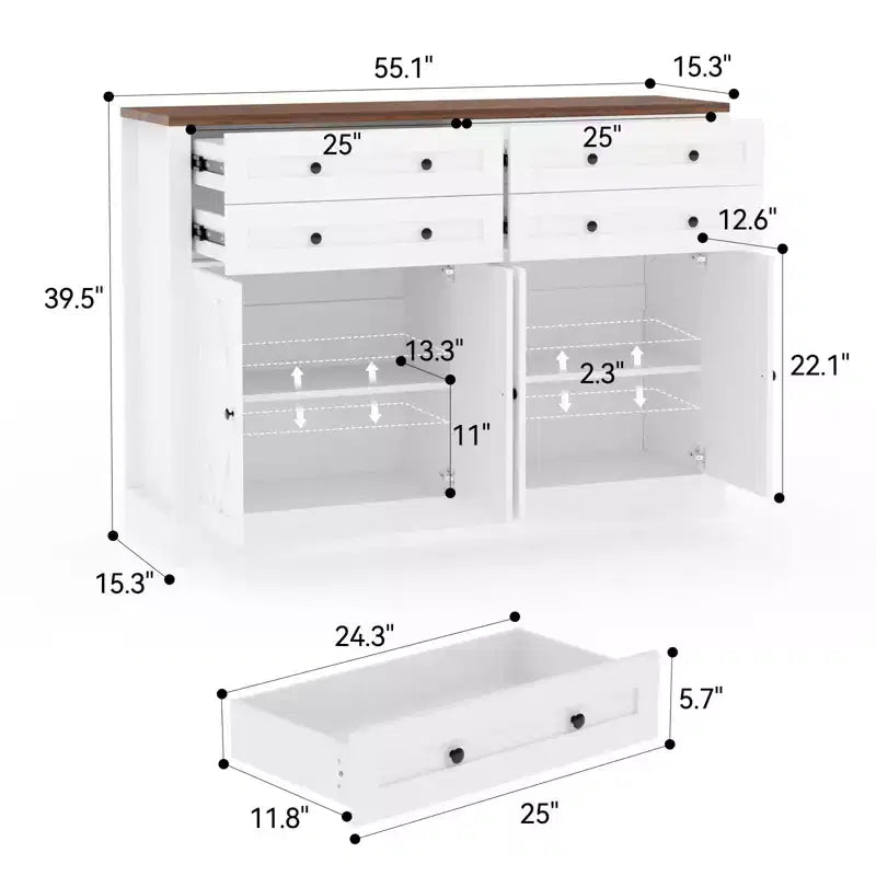 Grand buffet de salle à manger avec rangement, 4 tiroirs et 4 portes, meuble de rangement de cuisine avec étagère réglable, bar à café en bois pour couloir