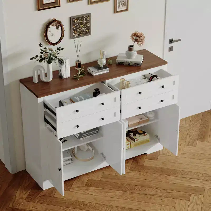 Grand buffet de salle à manger avec rangement, 4 tiroirs et 4 portes, meuble de rangement de cuisine avec étagère réglable, bar à café en bois pour couloir