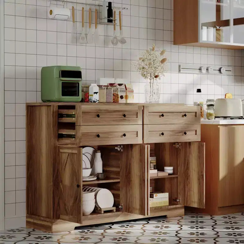 Grand buffet de salle à manger avec rangement, 4 tiroirs et 4 portes, meuble de rangement de cuisine avec étagère réglable, bar à café en bois pour couloir