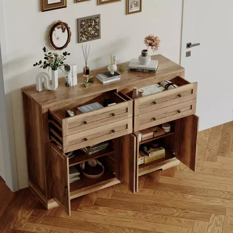 Grand buffet de salle à manger avec rangement, 4 tiroirs et 4 portes, meuble de rangement de cuisine avec étagère réglable, bar à café en bois pour couloir