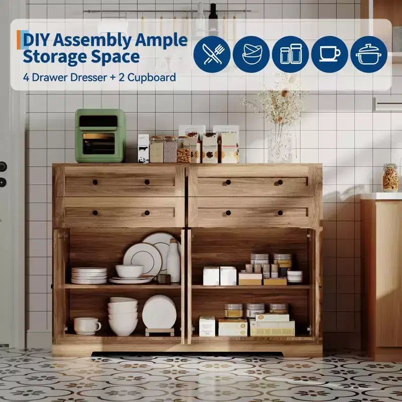 Grand buffet de salle à manger avec rangement, 4 tiroirs et 4 portes, meuble de rangement de cuisine avec étagère réglable, bar à café en bois pour couloir
