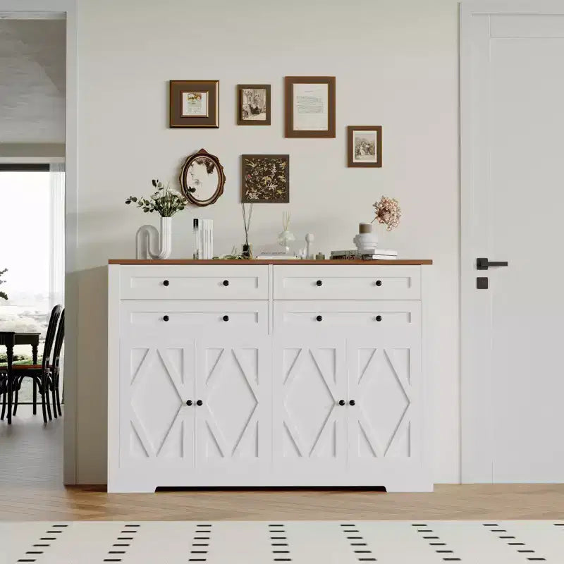 Grand buffet de salle à manger avec rangement, 4 tiroirs et 4 portes, meuble de rangement de cuisine avec étagère réglable, bar à café en bois pour couloir
