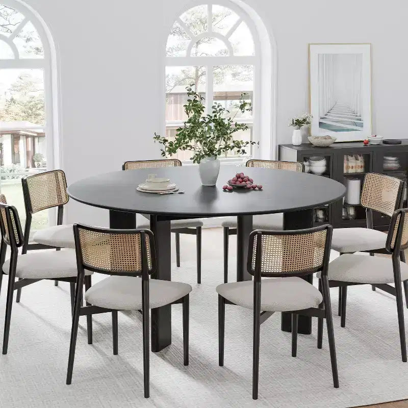 Table à manger ronde moderne pour 6-8 personnes, plateau en bois dense et base stable, pour cuisine et salle à manger, noir