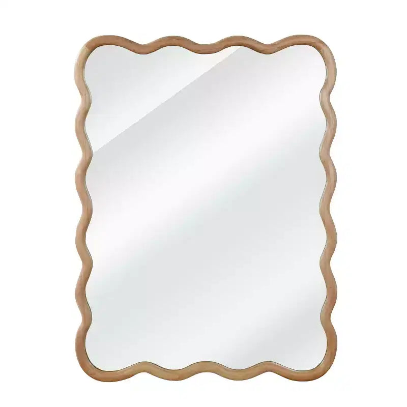 Miroir décoratif 40" rectangle ondulé avec cadre en bois massif, miroir mural moderne de style ferme pour chambre, salle de bain et salon, bois naturel