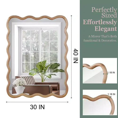 Miroir décoratif 40" rectangle ondulé avec cadre en bois massif, miroir mural moderne de style ferme pour chambre, salle de bain et salon, bois naturel