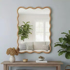 Miroir décoratif 40" rectangle ondulé avec cadre en bois massif, miroir mural moderne de style ferme pour chambre, salle de bain et salon, bois naturel