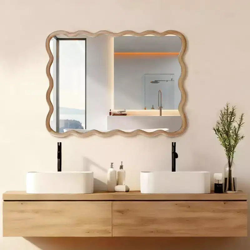 Miroir décoratif 40" rectangle ondulé avec cadre en bois massif, miroir mural moderne de style ferme pour chambre, salle de bain et salon, bois naturel