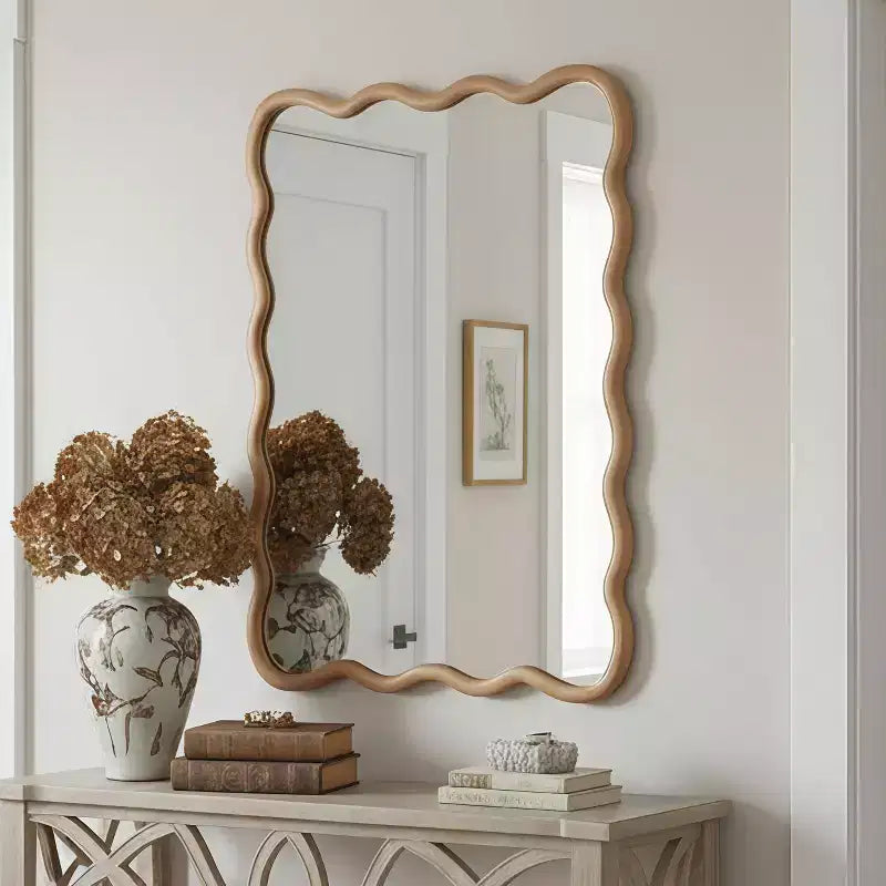 Miroir décoratif 40" rectangle ondulé avec cadre en bois massif, miroir mural moderne de style ferme pour chambre, salle de bain et salon, bois naturel