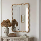 Miroir décoratif 40" rectangle ondulé avec cadre en bois massif, miroir mural moderne de style ferme pour chambre, salle de bain et salon, bois naturel