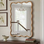 Miroir décoratif 40" rectangle ondulé avec cadre en bois massif, miroir mural moderne de style ferme pour chambre, salle de bain et salon, bois naturel