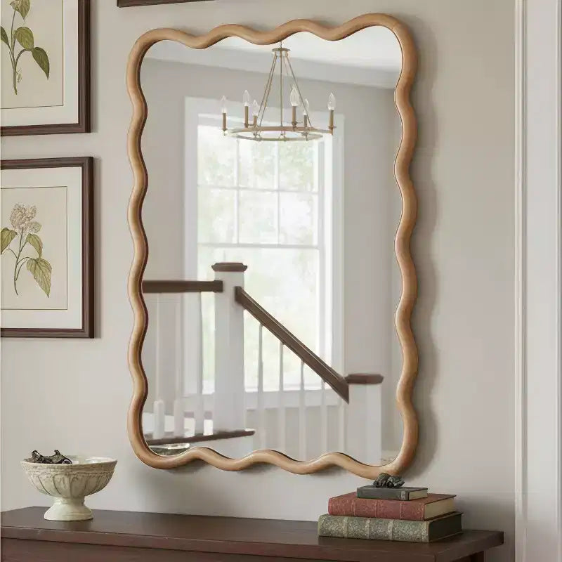 Miroir décoratif 40" rectangle ondulé avec cadre en bois massif, miroir mural moderne de style ferme pour chambre, salle de bain et salon, bois naturel